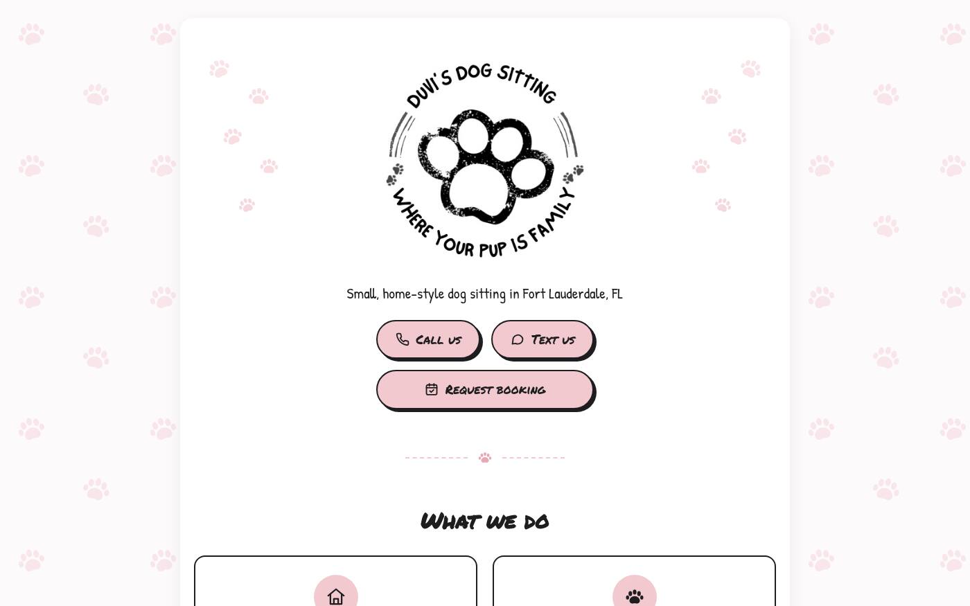 Duvi's Dog Sitting homepage: hand drawn paw logo over a soft pink paw print background