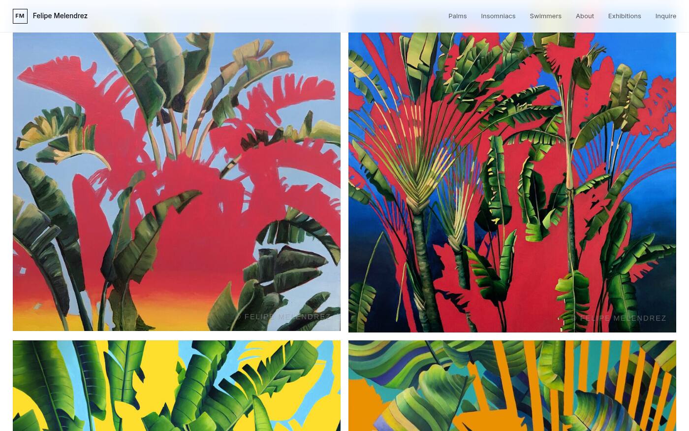 Felipe Melendrez site: two saturated palm paintings under the artist's nav bar