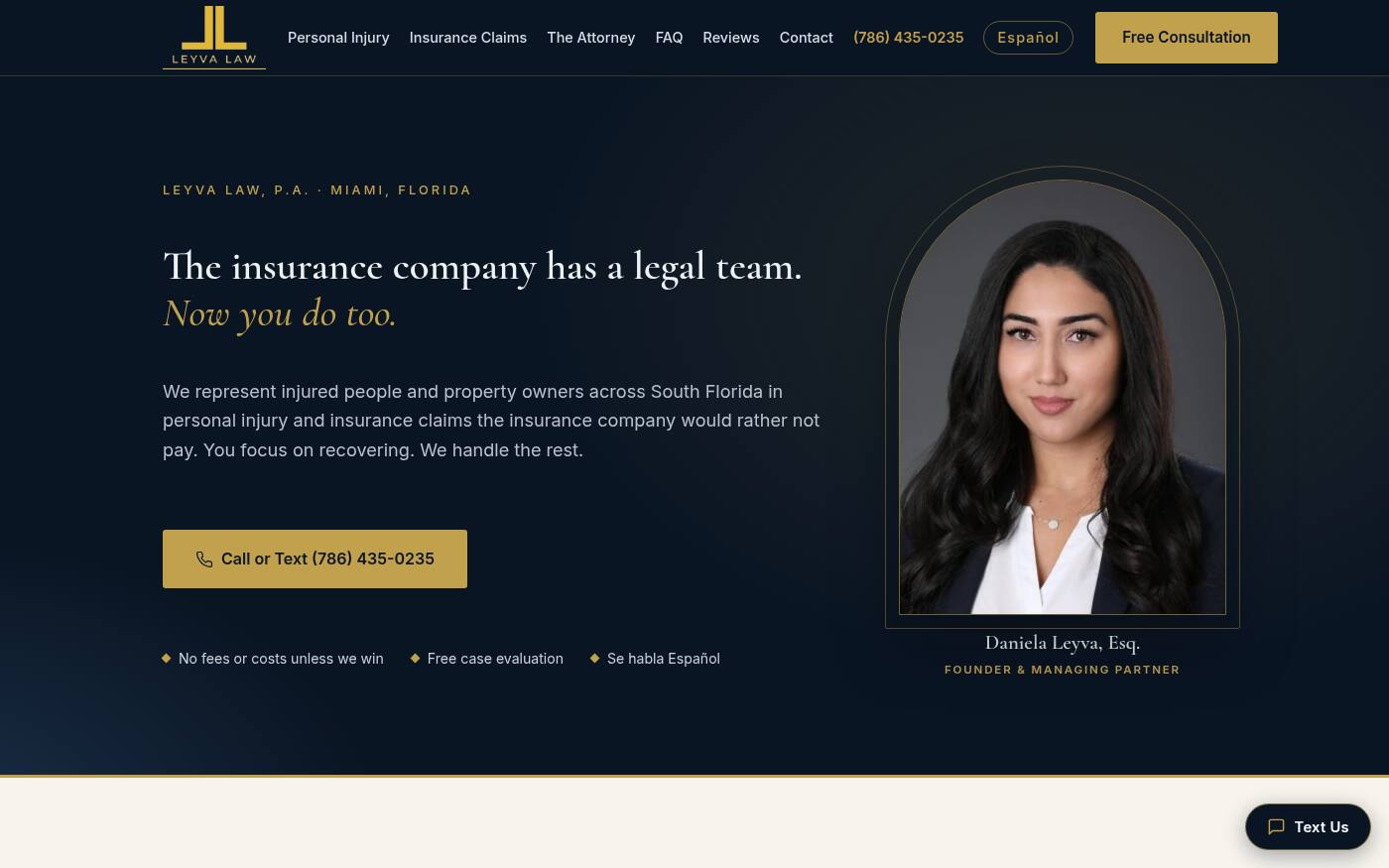 Leyva Law homepage: navy and gold hero with the attorney's portrait