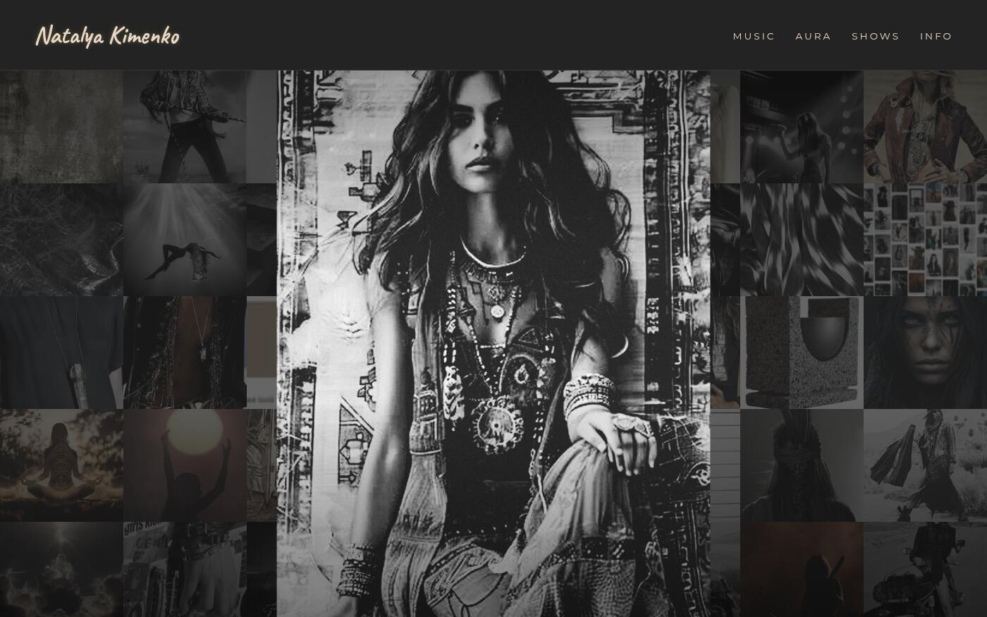 Natalya Kimenko concept homepage: dark photo collage hero with script logo